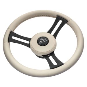 Schmitt Marine Torcello Elite 14" Wheel - Beige Leather & Cap - White Stitching - Black SS Spokes - 3-4" Tapered Shaft