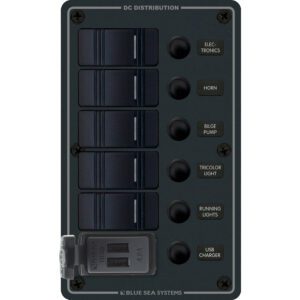 Blue Sea 8521 - 5 Position Contura Switch Panel w-Dual USB Chargers - 12-24V DC - Black