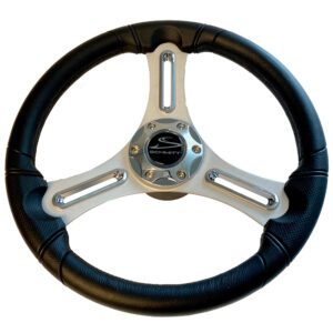Schmitt Marine Torcello 14" Wheel - 03 Series - Polyurethane Wheel w-Chrome Trim & Cap - Brushed Spokes - 3-4" Tapered Shaft - Retail Packaging
